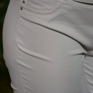 Pantalon bej cu dungi verticale in tesatura, model lung de vara - Img 7