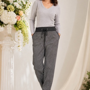 Pantalon casual Eve din stofa cu dunga neagra in talie,gri inchis