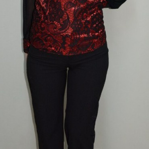 Pantalon in nuanta de negru, design floral interesant lateral - Img 4