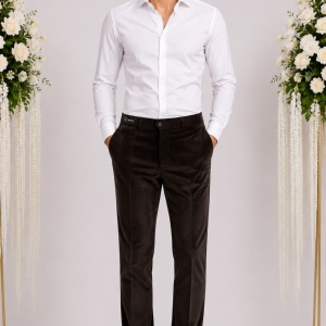 Pantalon la dunga, de culoare maro inchis, cu model in tesatura