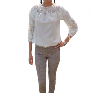 Pantalon lung de vara, de culoare bej, cu model de flori mari - Img 1