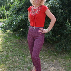 Pantalon mov cu design floral, model lung de primavara-vara - Img 2