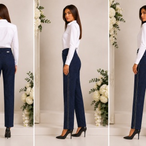 Pantaloni Damă Albastru Eleganți cu Model Texturat – Bumbac Elastic, Croială Clasică - Img 2