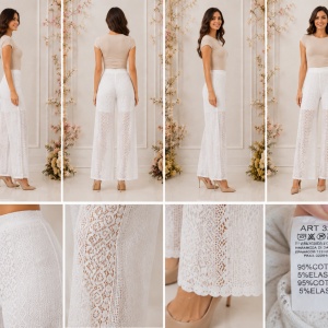 Pantaloni damă albi din dantelă, talie înaltă și croială dreaptă - Img 2
