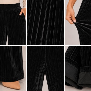 Pantaloni damă din catifea plisată neagră – croi drept, talie elastică - Img 3