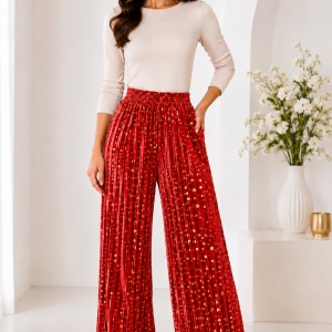 Pantaloni damă din catifea plisată roșie cu buline aurii – croi larg elegant