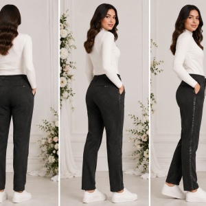 Pantaloni Damă Gri Elastici cu Bandă Laterală Decorativă și Talie Elastica cu Șnur - Img 2