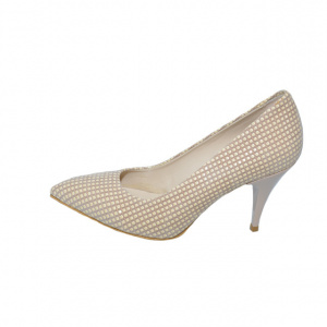 Pantof comod bej, cu decor de patratele mici si toc de 7,5 cm - Img 1