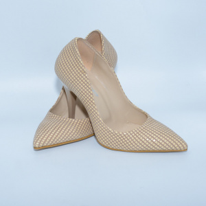 Pantof elegant cu toc inalt, tip stiletto, de culoare bej cu model - Img 5
