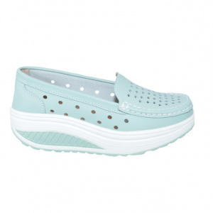Pantofi casual damă turcoaz din piele naturală cu perforații și talpă ortopedică