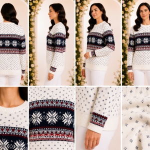 Pulover Damă Alb cu Fulgi Bleumarin – Model Nordic de Iarnă - Img 2