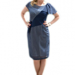 Rochie bleumarin cu imprimeu deiosebit cu alb, de lungime medie - Img 1