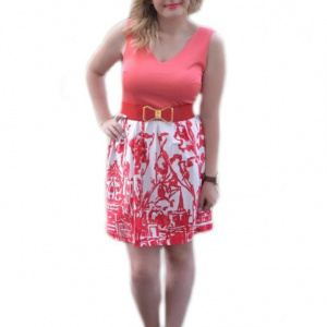Rochie casual, fara maneci, cu centura in talie, de nuante alb-corai - Img 1