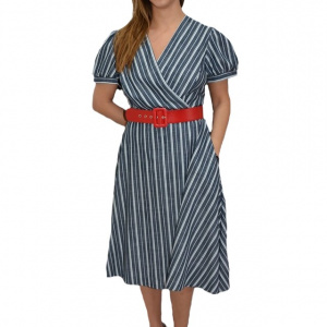 Rochie casual, in nuanta de bleumarin, cu dungi fine albe - Img 1