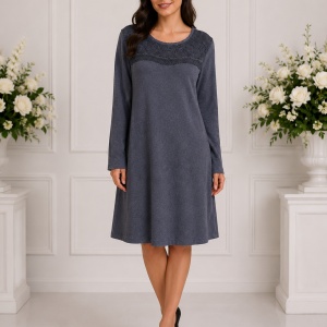 Rochie casual Leylla din tricot cu insertii de broderie,nuanta de bleumarin