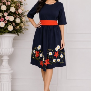 Rochie casual, nuanta bleumarin, maneca scurta, decolteu mic