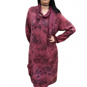 Rochie chic din material tricotat cu imprimeu pe fond marsala - Img 1