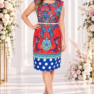 Rochie comoda fara maneca, bleumarin-rosu, cu imprimeuri