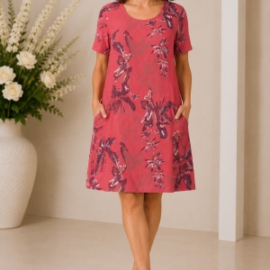 Rochie Coral Bloom cu Imprimeu Botanic și Buzunare Laterale