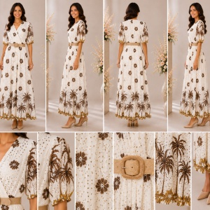 Rochie damă alb-crem din 100% bumbac, cu imprimeu tropical maro, broderie perforată și curea bej - Img 2