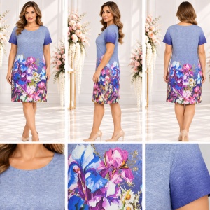 Rochie damă albastră cu imprimeu floral multicolor – croială dreaptă - Img 2