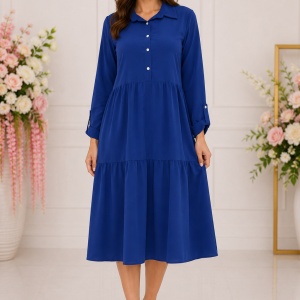Rochie damă albastru regal midi, cu croială lejeră și volane