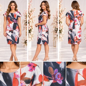 Rochie damă cu imprimeu floral abstract, alb-roșu-negru - Img 2