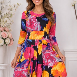 Rochie damă elegantă cu imprimeu floral multicolor și talie evidențiată