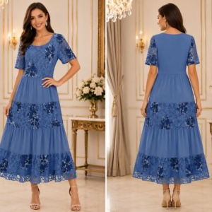 Rochie damă lejeră albastra cu dantela și flori ,croială vaporoasă - Img 3