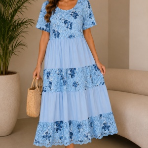 Rochie damă lejeră albastră cu imprimeu floral și croială vaporoasă