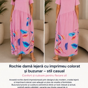 Rochie damă roz lejeră cu imprimeu colorat și buzunar decorativ - Img 2