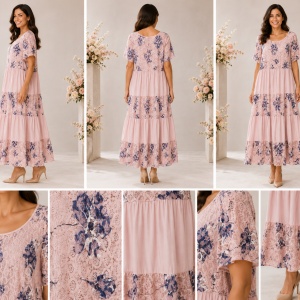 Rochie damă roz pudrat cu imprimeu floral și croială în volane - Img 2