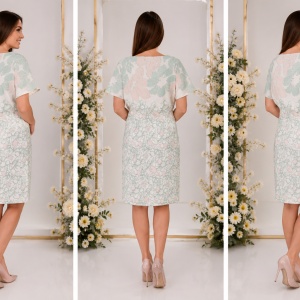 Rochie de birou cu croi clasic si imprimeu pe fond roz somon - Img 2