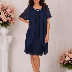 Rochie de gala din dantela si voal vaporos aplicat, bleumarin