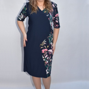 Rochie de ocazie Ingrida cu imprimeu floral in lateral ,bleumarin - Img 2