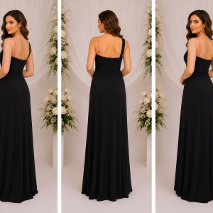 Rochie de ocazie lunga, din material elastic fronsat, negru-corai - Img 3