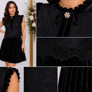 Rochie de ocazie Relisa cu guler incretit si insertii de dantela,negru - Img 3