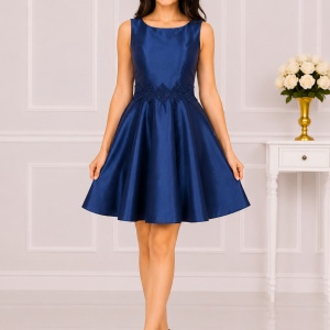 Rochie de ocazie scurta, bleumarin, dantela si funda aplicata