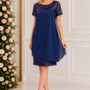Rochie de ocazie, vaporoasa, din voal si dantela bleumarin