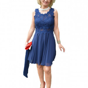Rochie de seara bleumarin, model scurt cu dantela si voal - Img 1