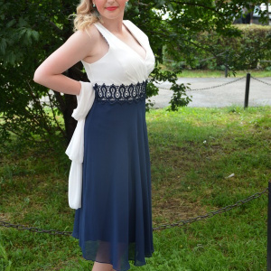 Rochie de seara, de lungime medie, bleumarin cu alb - Img 3