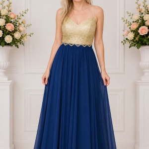 Rochie de seara lunga, aurie cu bleumarin, model superb