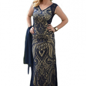 Rochie de seara lunga, bleumarin, dantela si trena spectaculoasa - Img 1