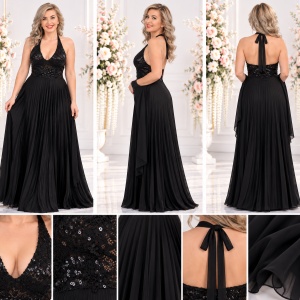 Rochie de seara lunga neagra, cu insertii de paiete in partea de sus - Img 2