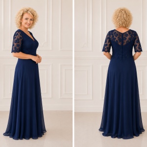 Rochie de seara lunga, nuanta bleumarin, din voal si dantela - Img 3