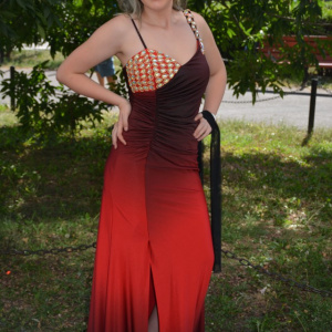 Rochie de seara lunga, rosie, cu insertii de strass-uri mari multicolore - Img 4