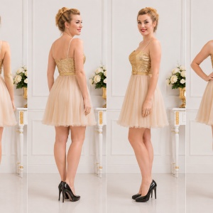 Rochie de seara scurta de culoare aurie cu design de paiete - Img 3