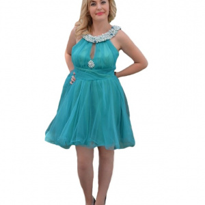 Rochie de seara scurta turcoaz, cu insertii de margele si straturi de tul - Img 1