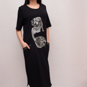 Rochie de tineret cu maneca scurta, bleumarin, cu imprimeu alb - Img 5