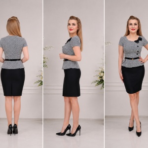 Rochie de vara cu peplum, neagra jos si cu design pepit sus - Img 3